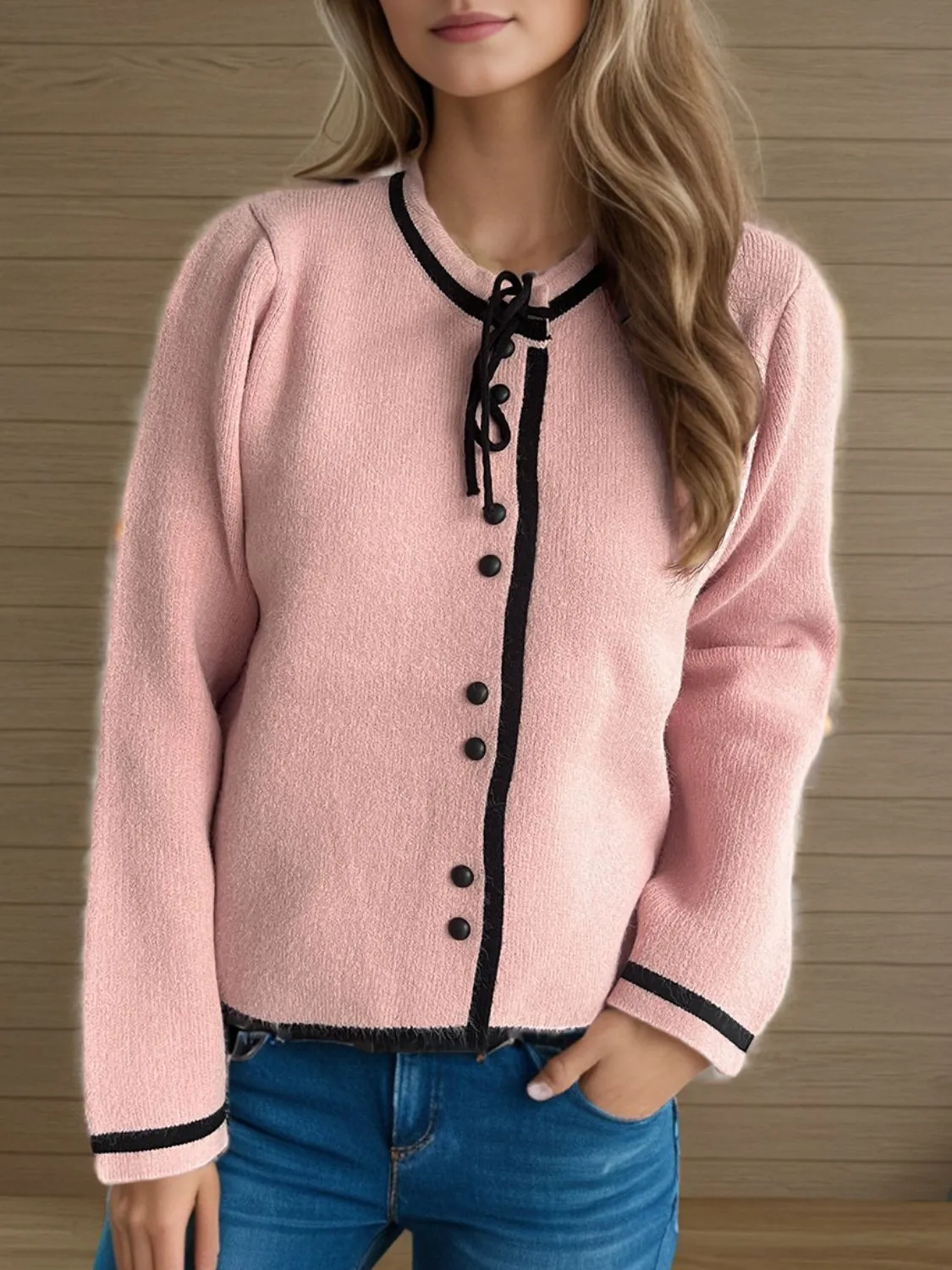 French Bow Detail Button Down Long Sleeve Cardigan