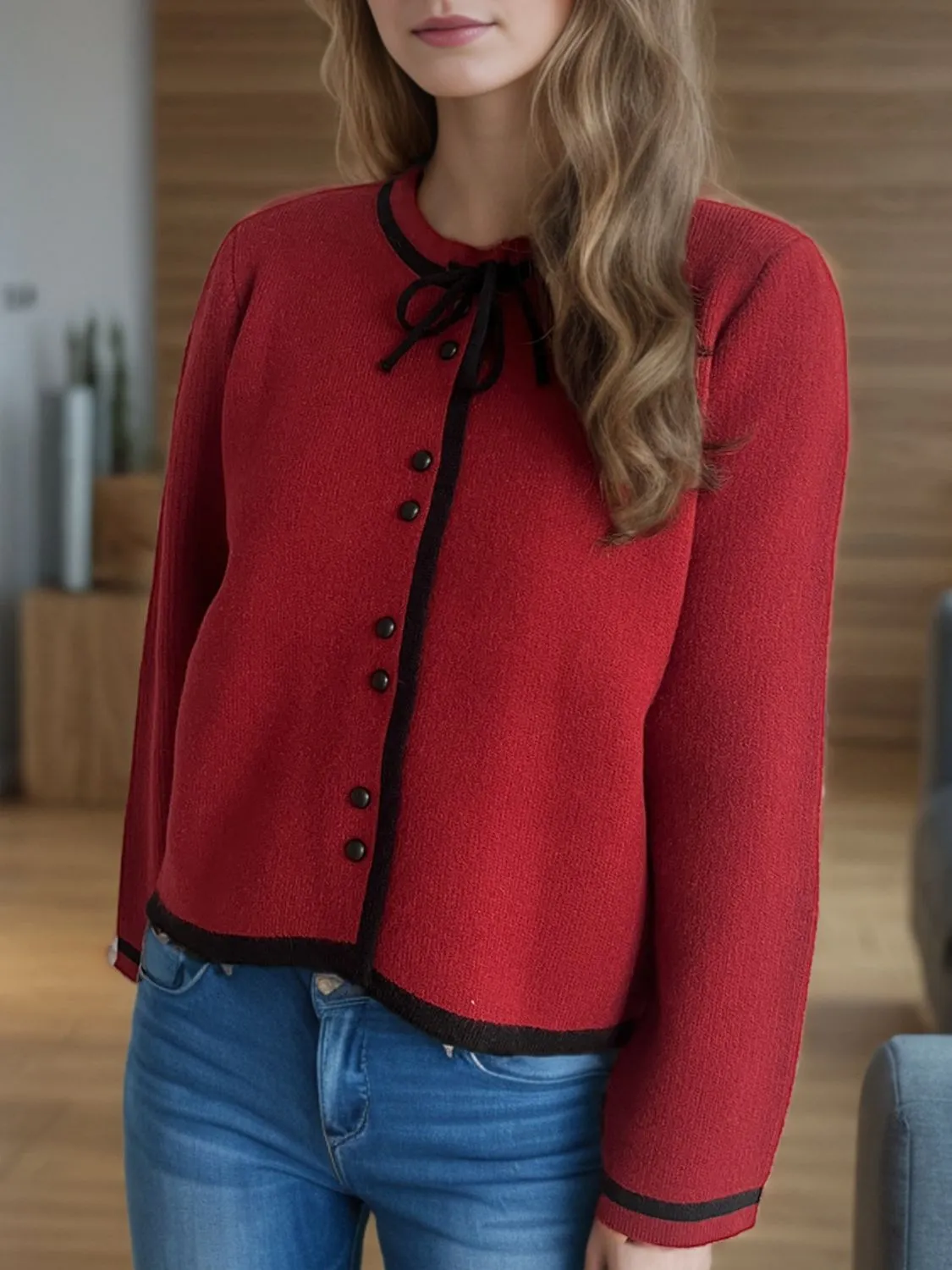 French Bow Detail Button Down Long Sleeve Cardigan