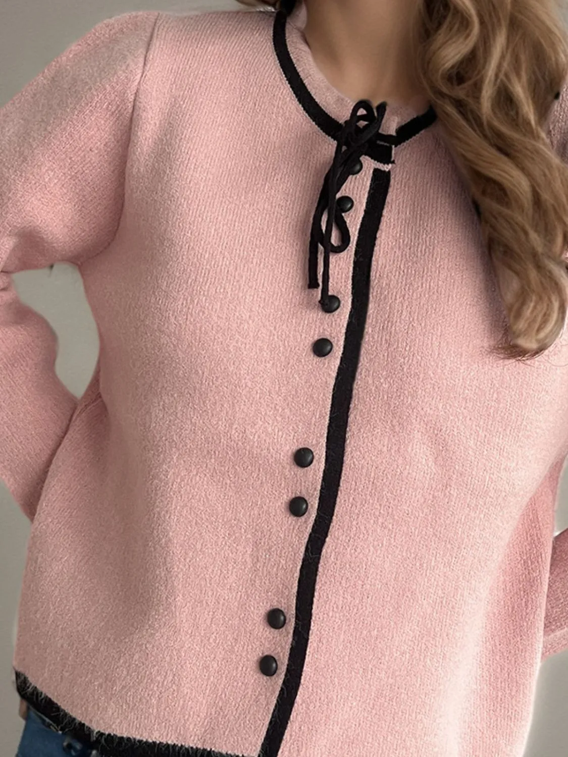 French Bow Detail Button Down Long Sleeve Cardigan