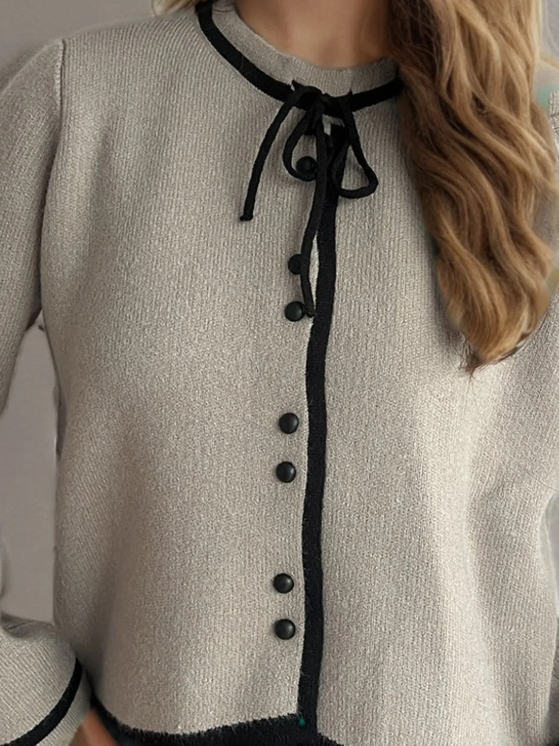 French Bow Detail Button Down Long Sleeve Cardigan