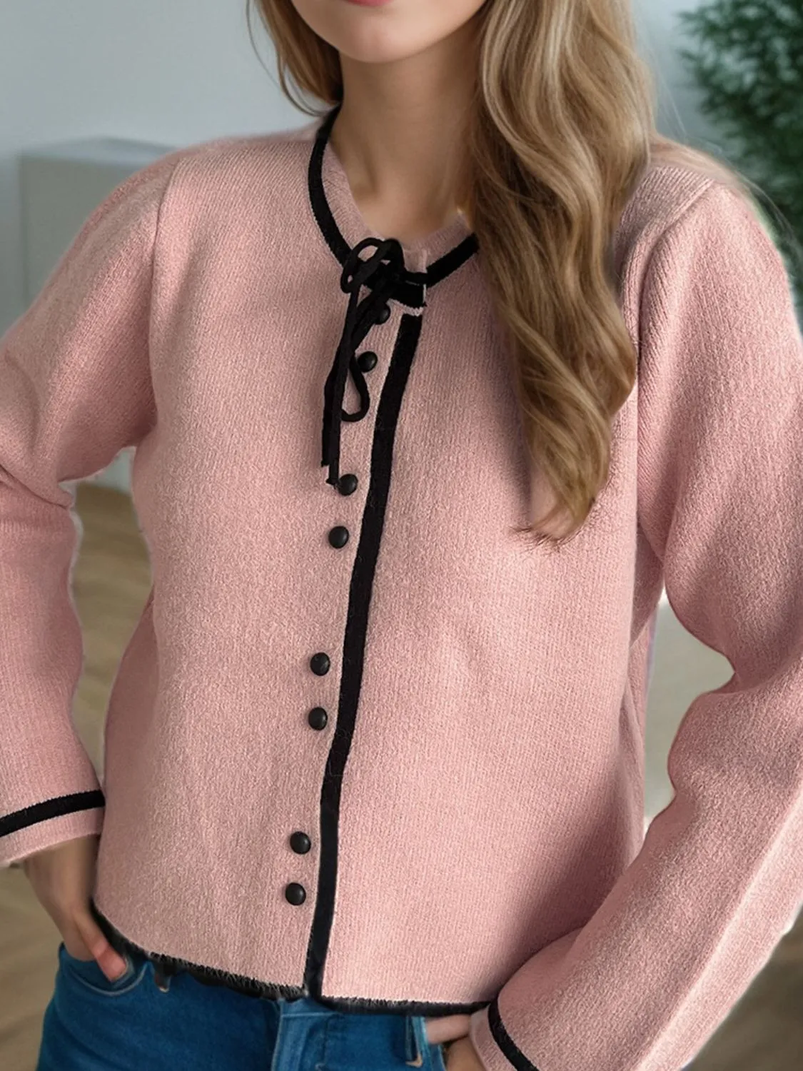 French Bow Detail Button Down Long Sleeve Cardigan