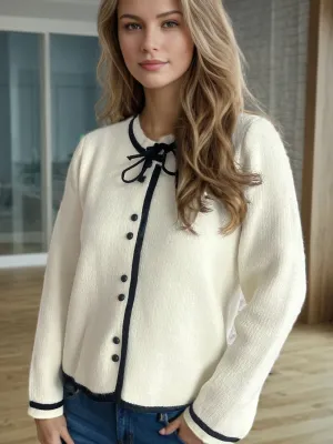 French Bow Detail Button Down Long Sleeve Cardigan
