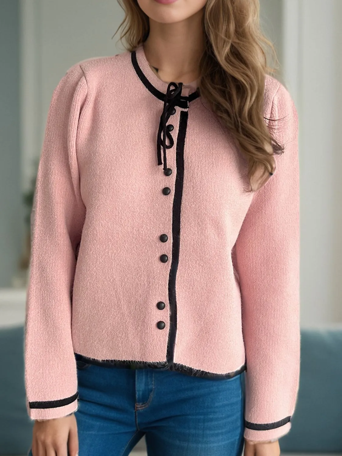 French Bow Detail Button Down Long Sleeve Cardigan