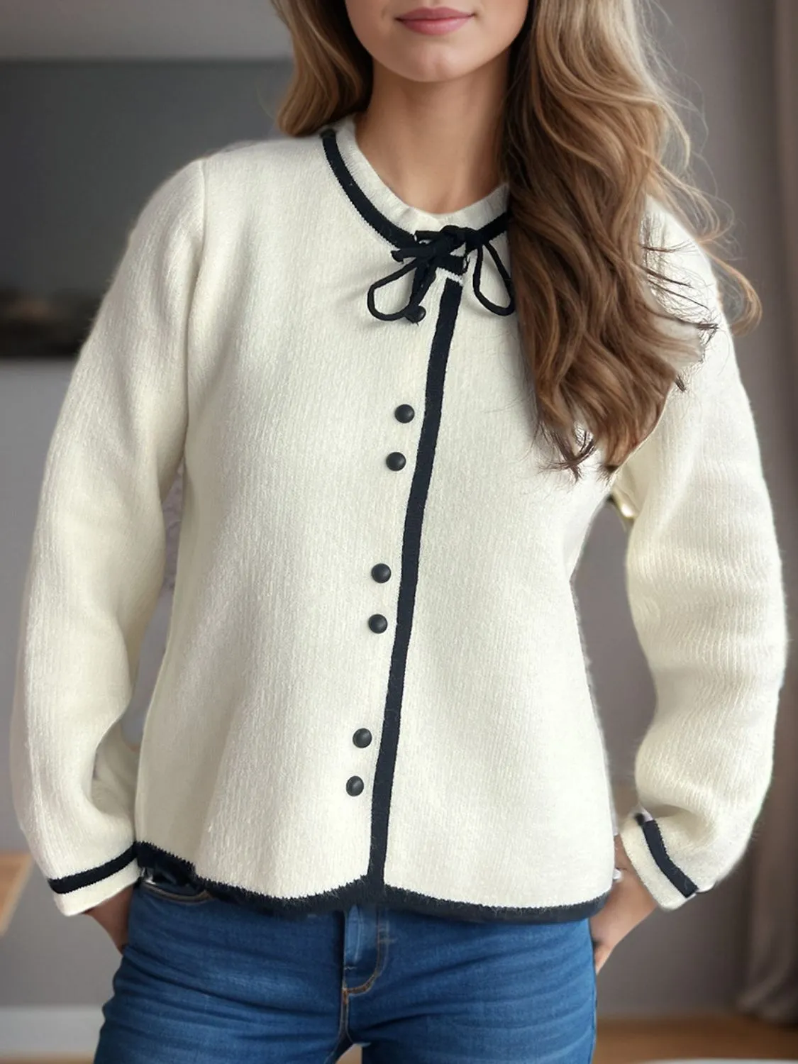 French Bow Detail Button Down Long Sleeve Cardigan