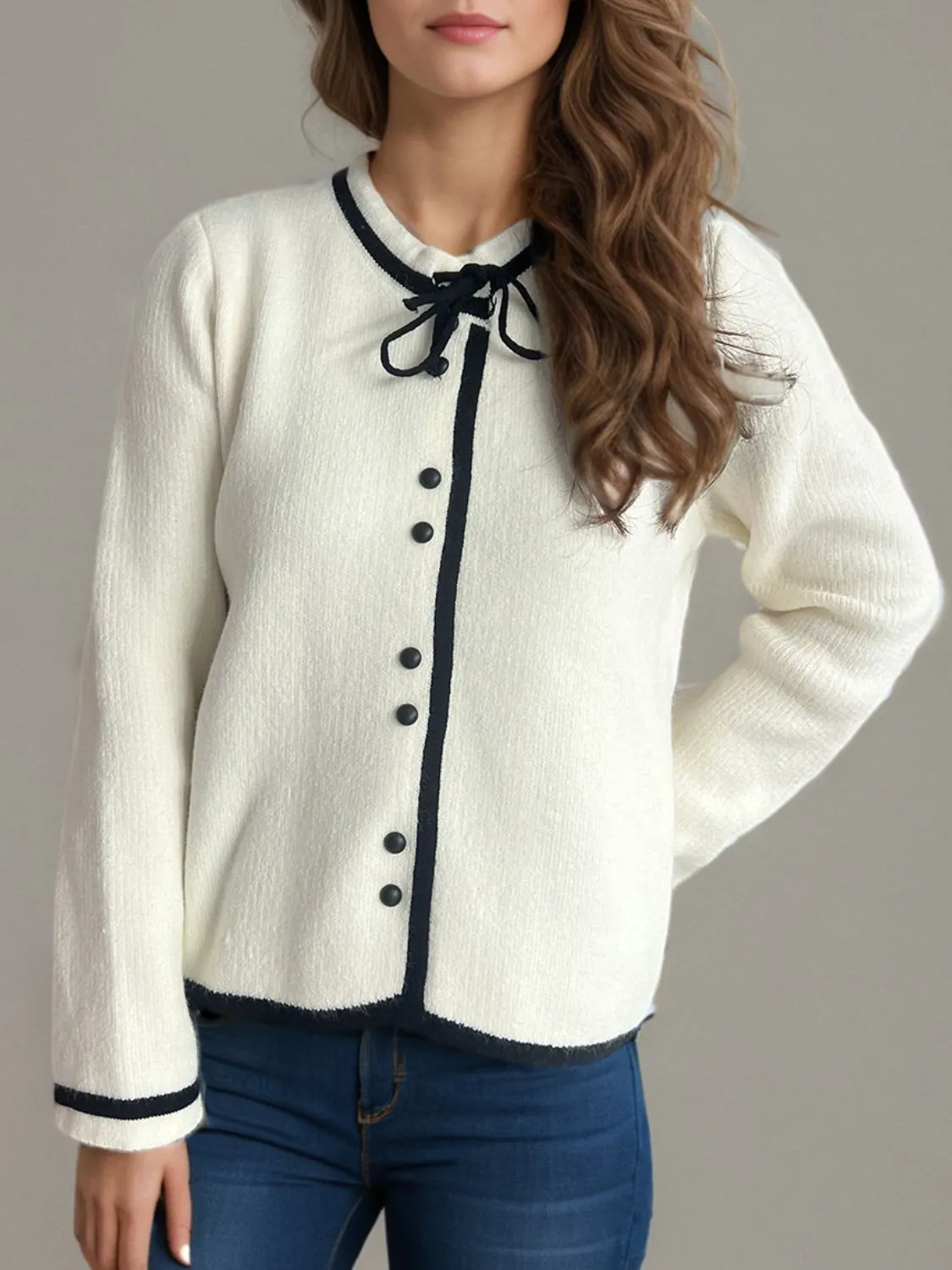 French Bow Detail Button Down Long Sleeve Cardigan