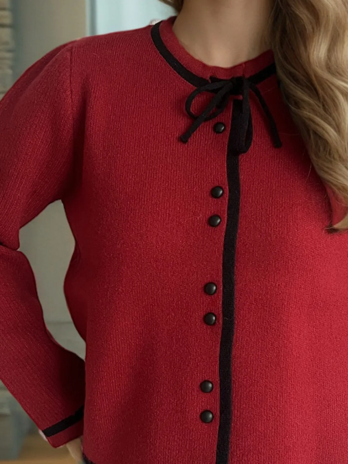 French Bow Detail Button Down Long Sleeve Cardigan