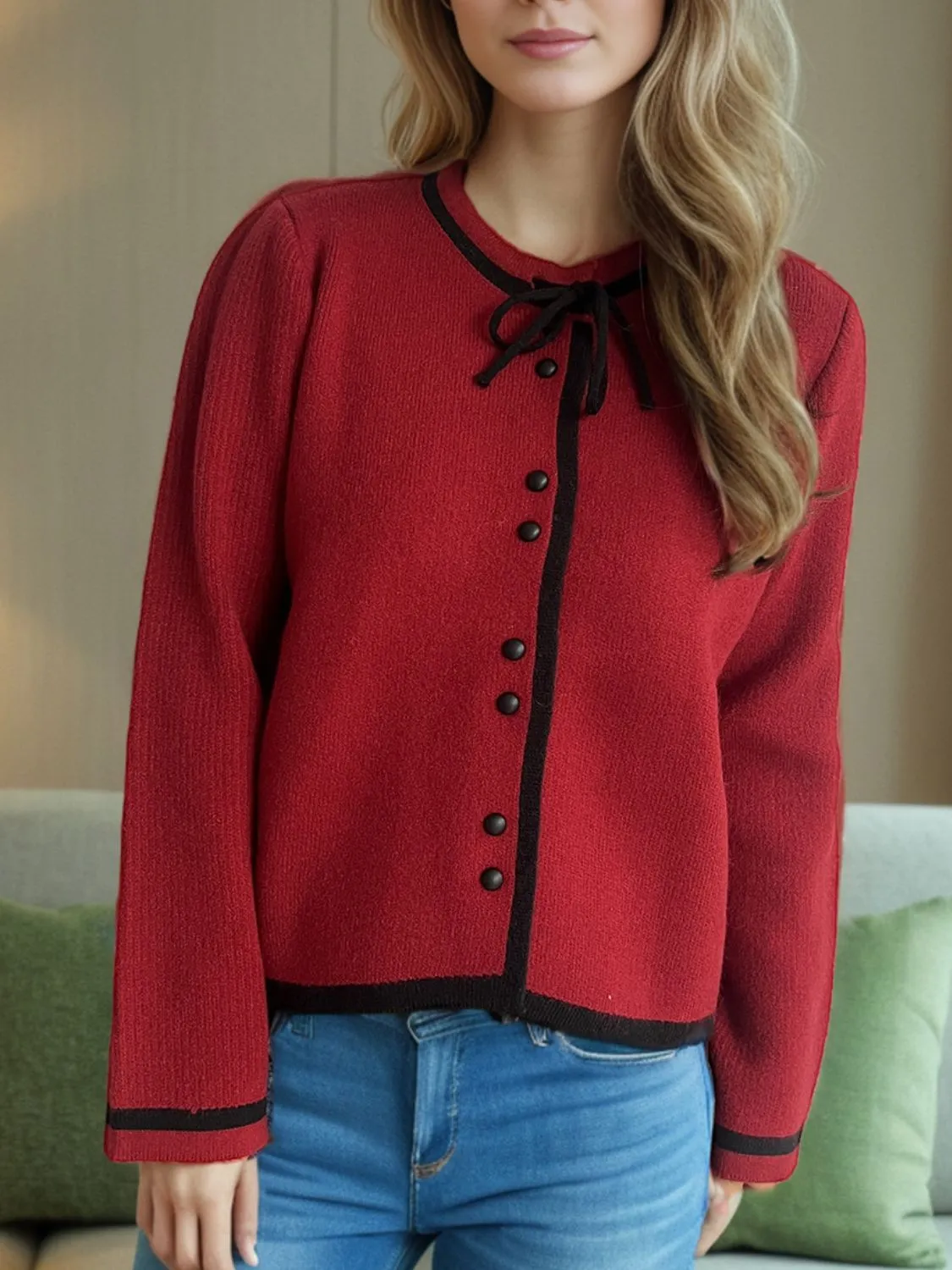 French Bow Detail Button Down Long Sleeve Cardigan