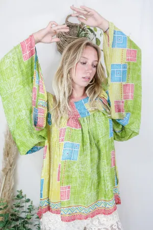 Honey Top - Vintage Indian Sari - Lime Square Patchwork Floral - Free Size S/M