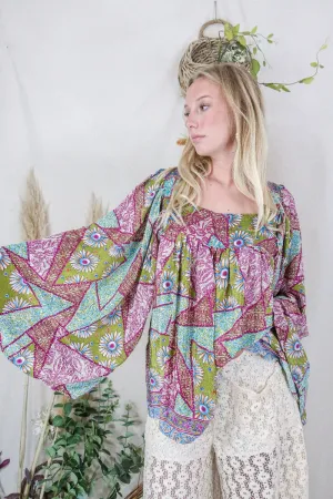 Honey Top - Vintage Indian Sari - Olive, Sky & Berry Patchwork Floral - Free Size S/M