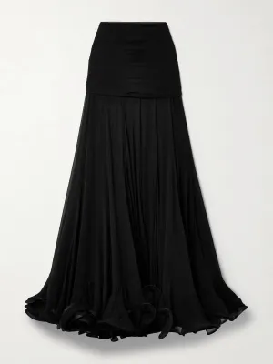 Illustration ruffled silk-chiffon maxi skirt