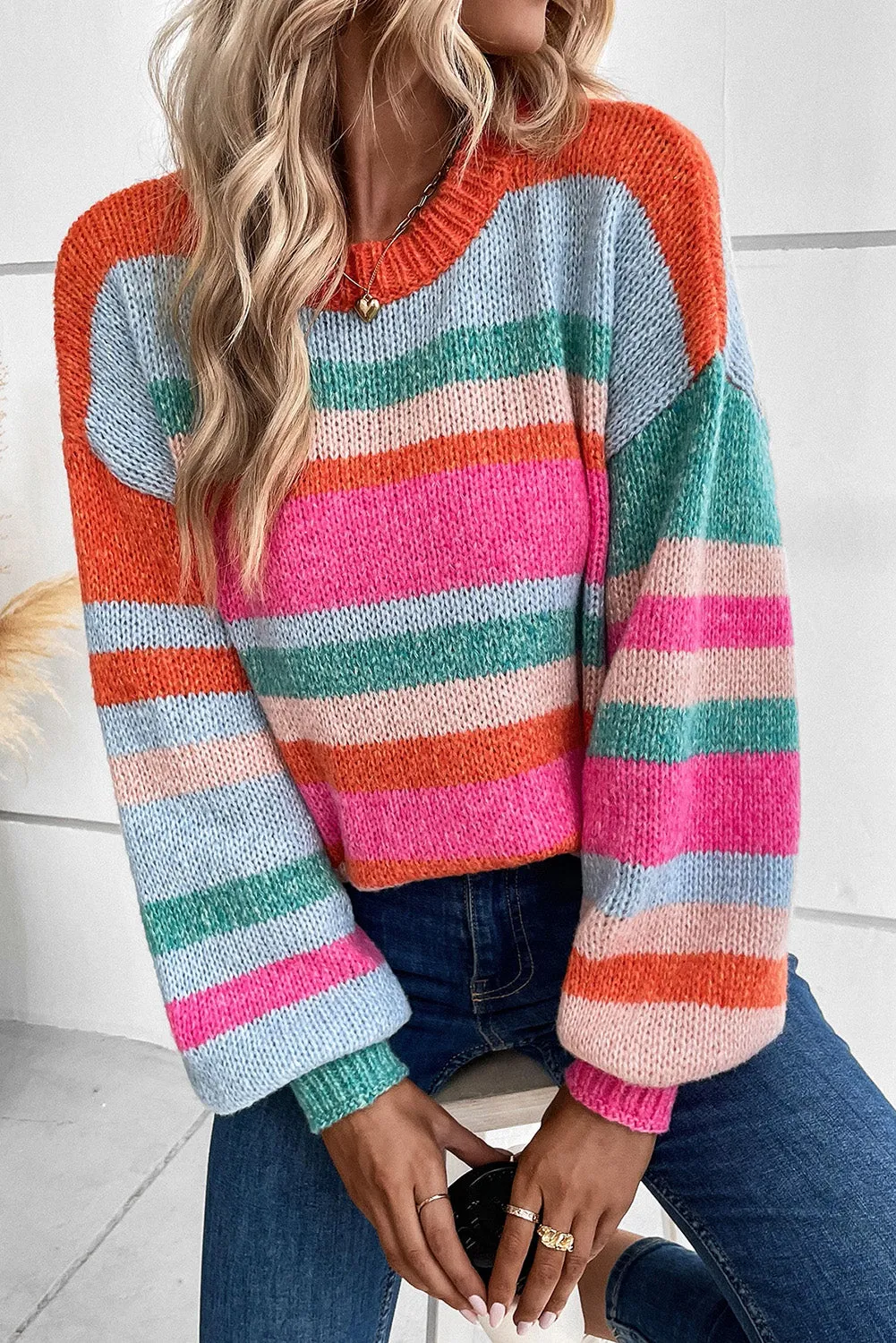 Ivy Knit Drop Shoulder Puff Sleeve Sweater