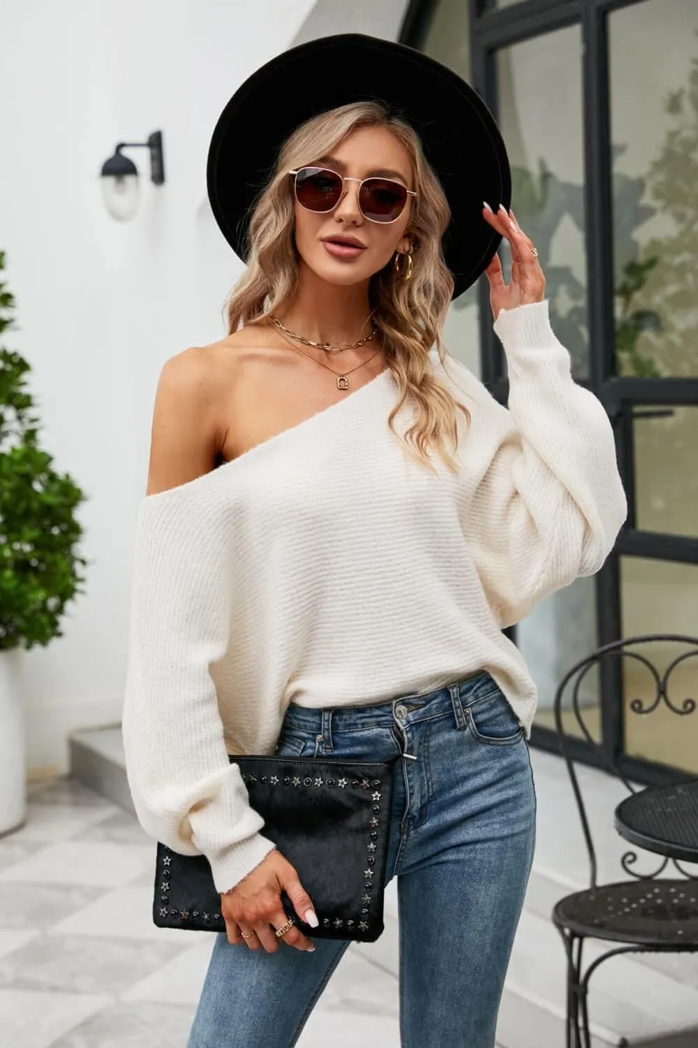 Julia Boat Neck Horizontal Ribbing Dolman Sleeve Sweater
