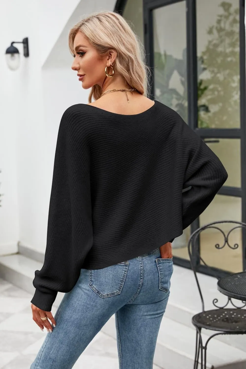 Julia Boat Neck Horizontal Ribbing Dolman Sleeve Sweater
