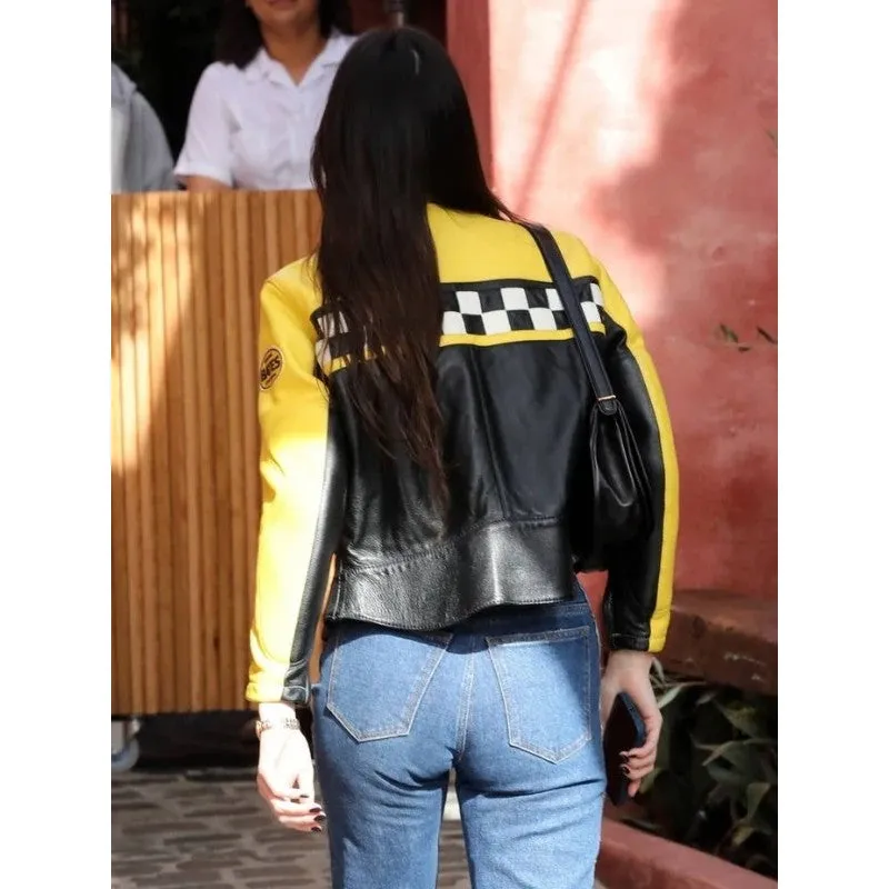 Kendall Jenner Aspen Black & Yellow Leather Jacket by TJS