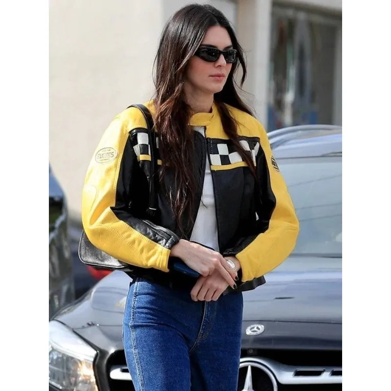 Kendall Jenner Aspen Black & Yellow Leather Jacket by TJS