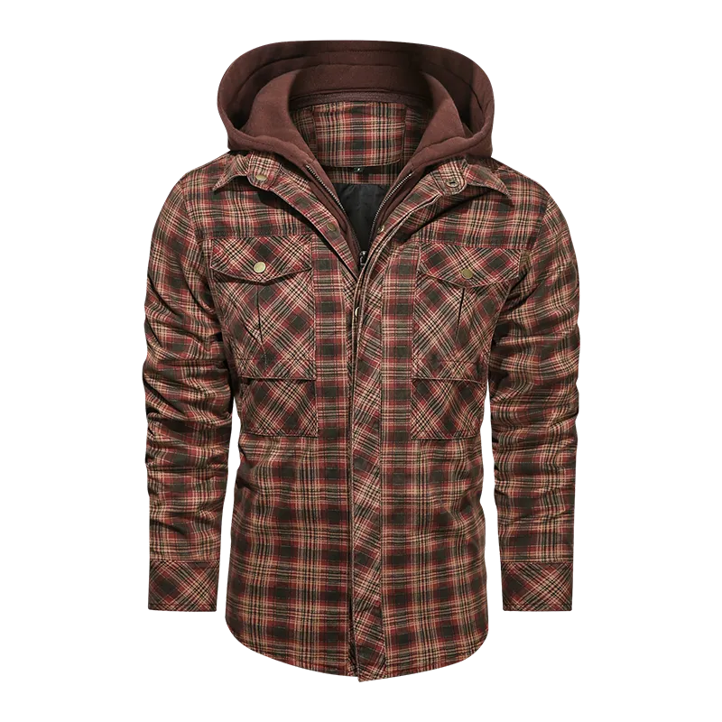 Layered Plaid Men's Fleece Detachable Slim Fit Hoodie Jacket