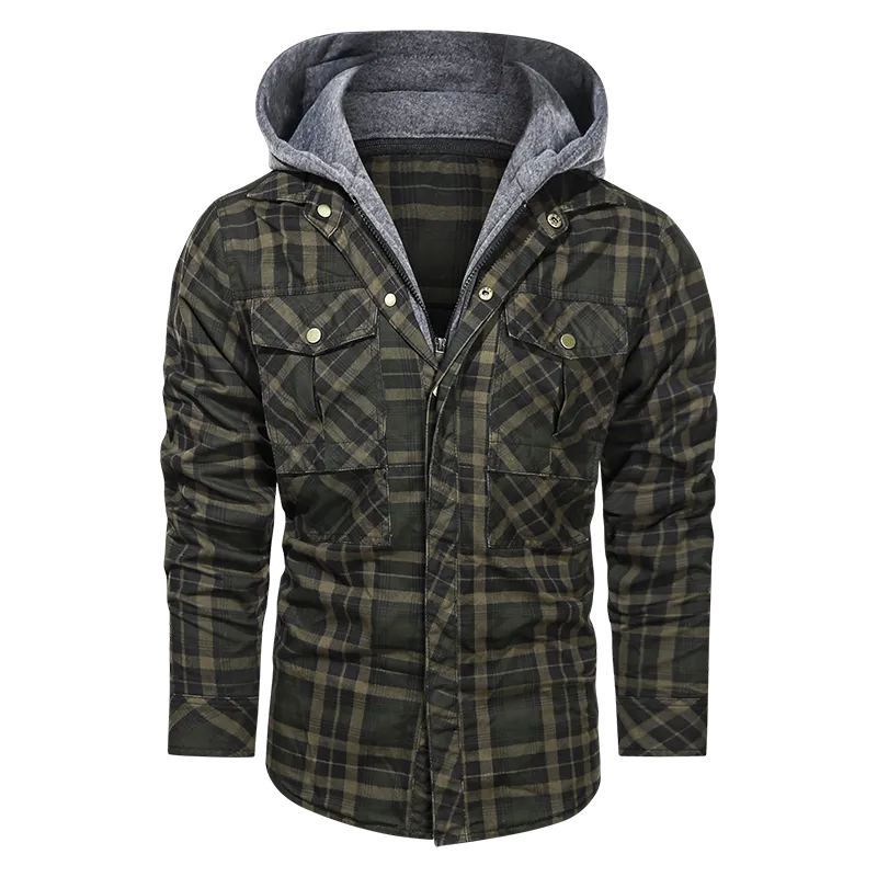 Layered Plaid Men's Fleece Detachable Slim Fit Hoodie Jacket