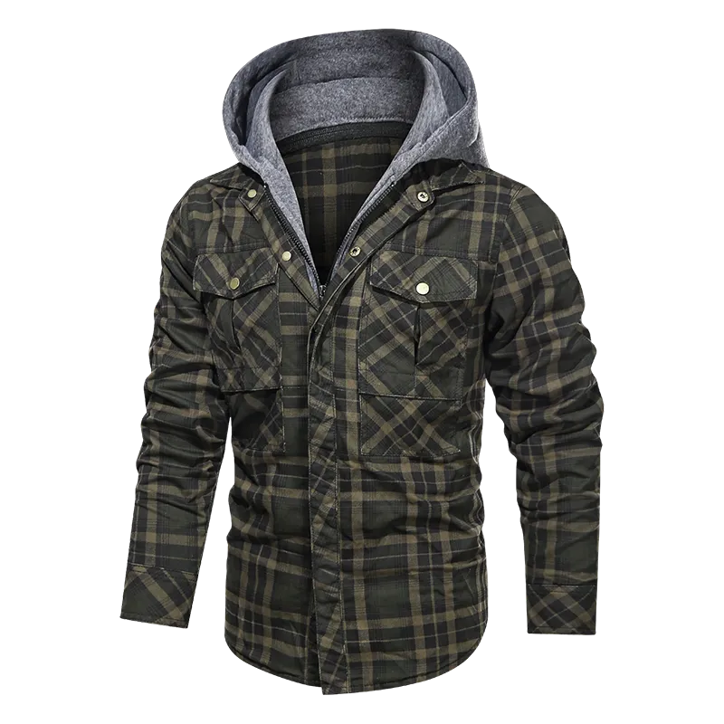 Layered Plaid Men's Fleece Detachable Slim Fit Hoodie Jacket