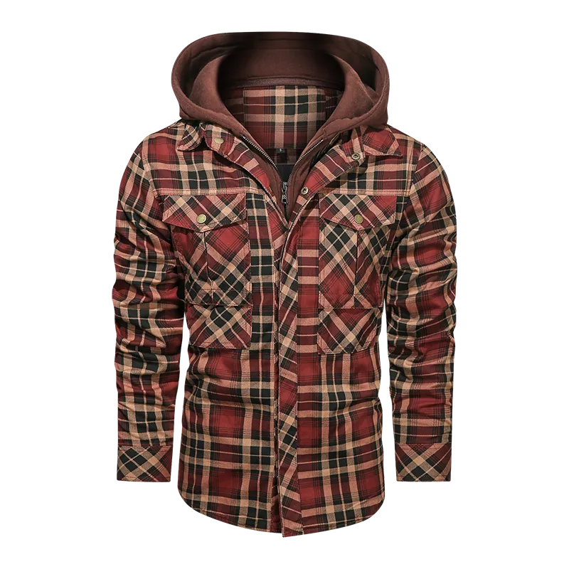Layered Plaid Men's Fleece Detachable Slim Fit Hoodie Jacket
