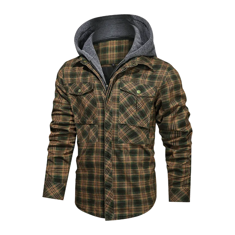 Layered Plaid Men's Fleece Detachable Slim Fit Hoodie Jacket