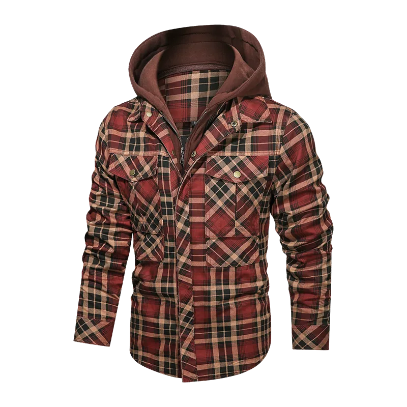 Layered Plaid Men's Fleece Detachable Slim Fit Hoodie Jacket
