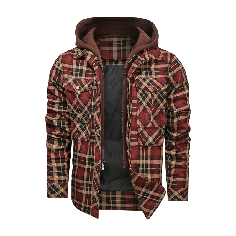 Layered Plaid Men's Fleece Detachable Slim Fit Hoodie Jacket
