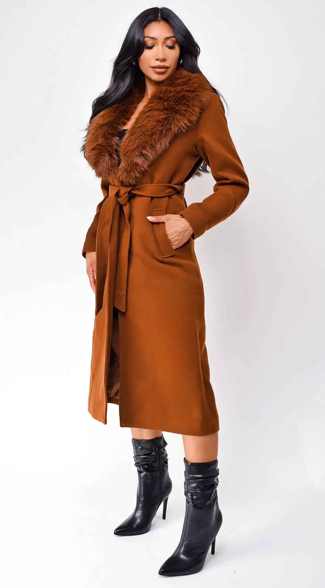 Lisette Long Faux Fur Coat - Camel