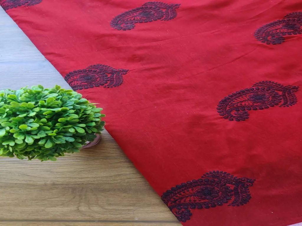 Maroon Black Paisleys Lakhnawi Embroidered Chanderi Fabric