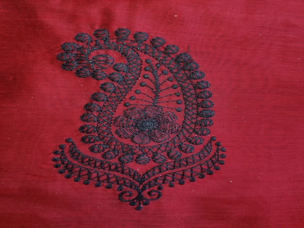 Maroon Black Paisleys Lakhnawi Embroidered Chanderi Fabric