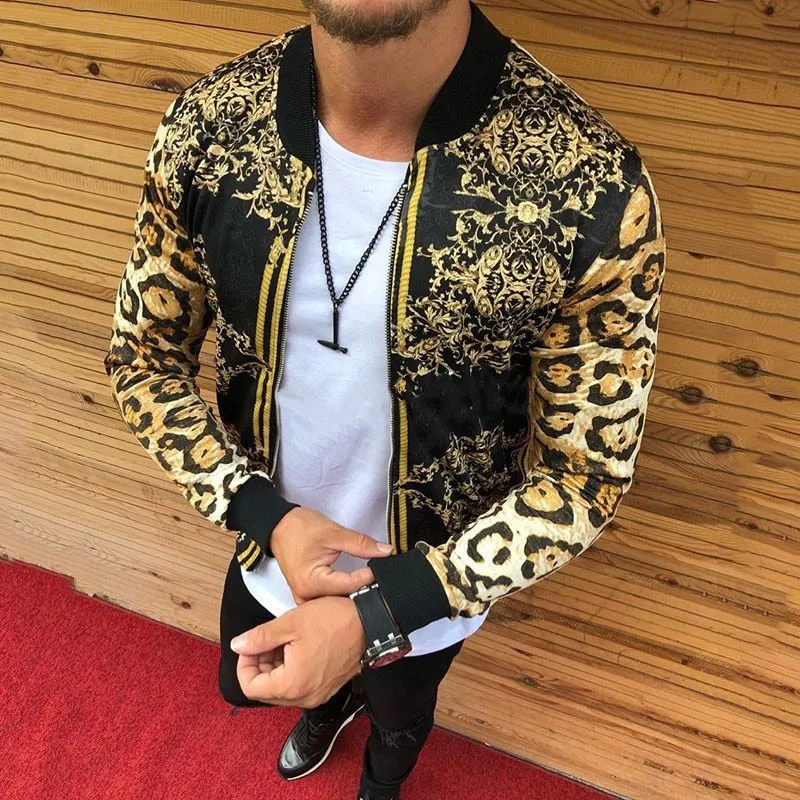 Men New 2021 Print Slim-fitting Leopard Print Crew-neck Casual Jacket