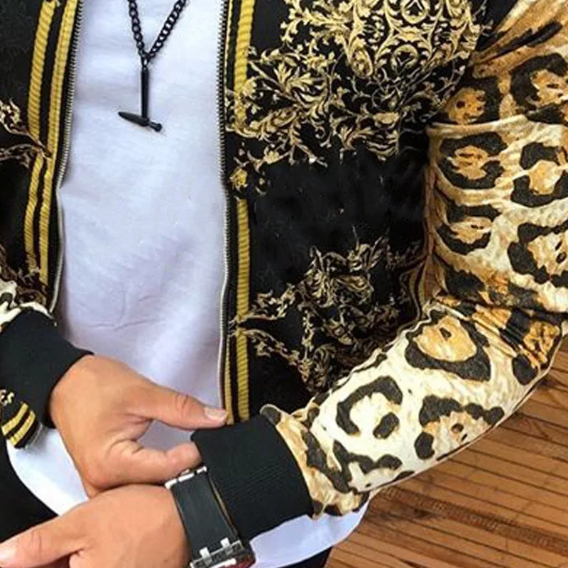 Men New 2021 Print Slim-fitting Leopard Print Crew-neck Casual Jacket