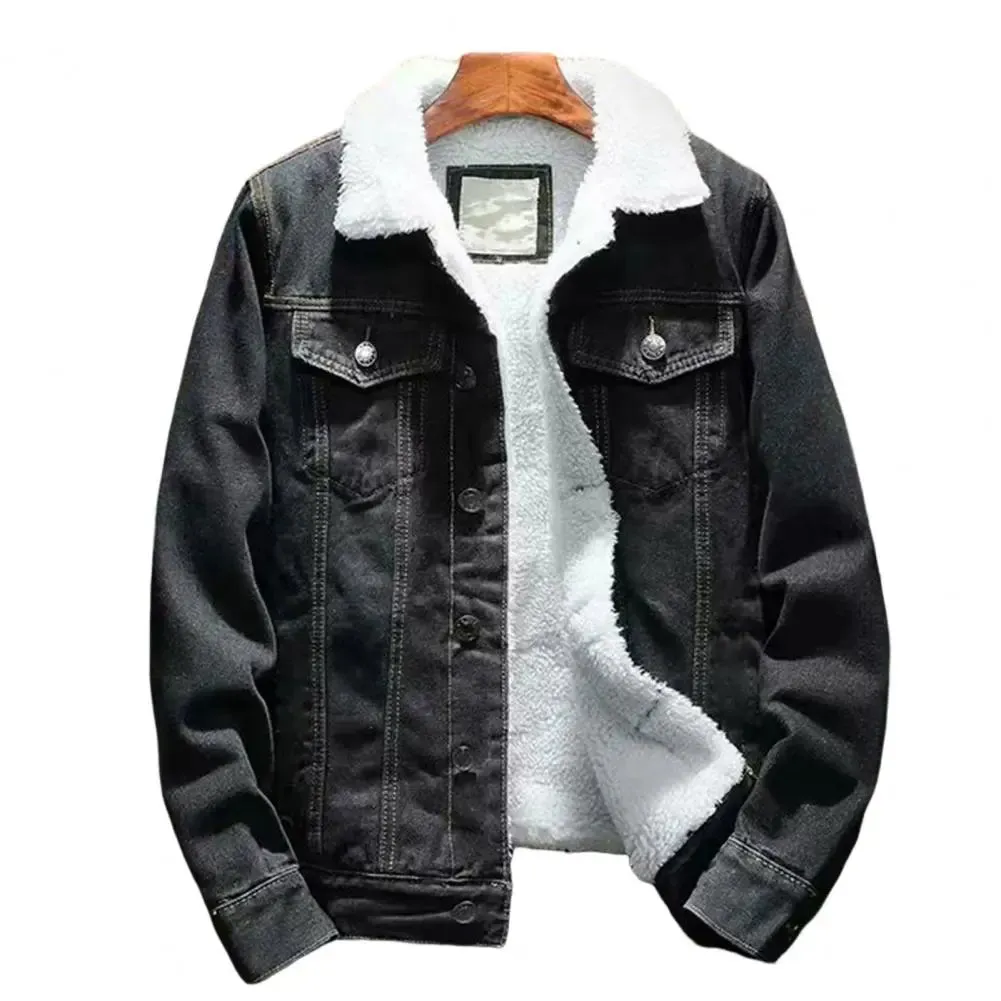 Men's Cashmere Lined Solid Single Breasted Denim Jean Jacket