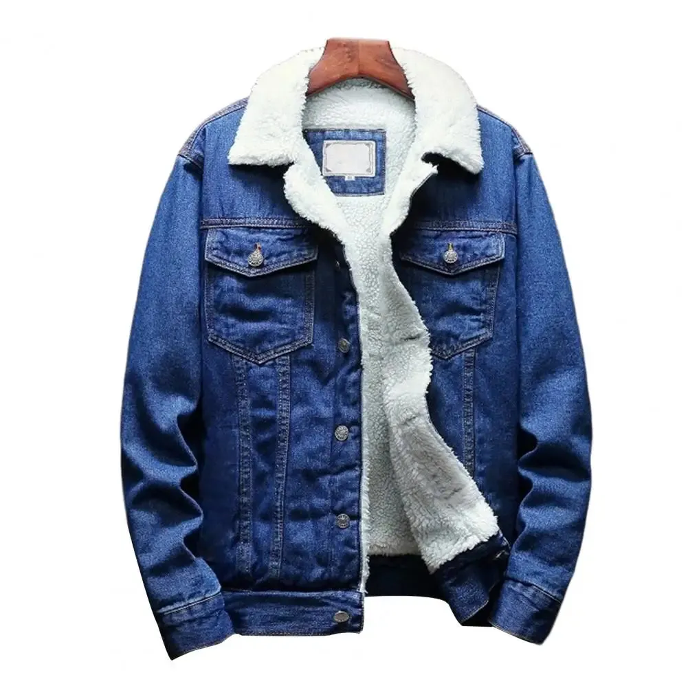 Men's Cashmere Lined Solid Single Breasted Denim Jean Jacket