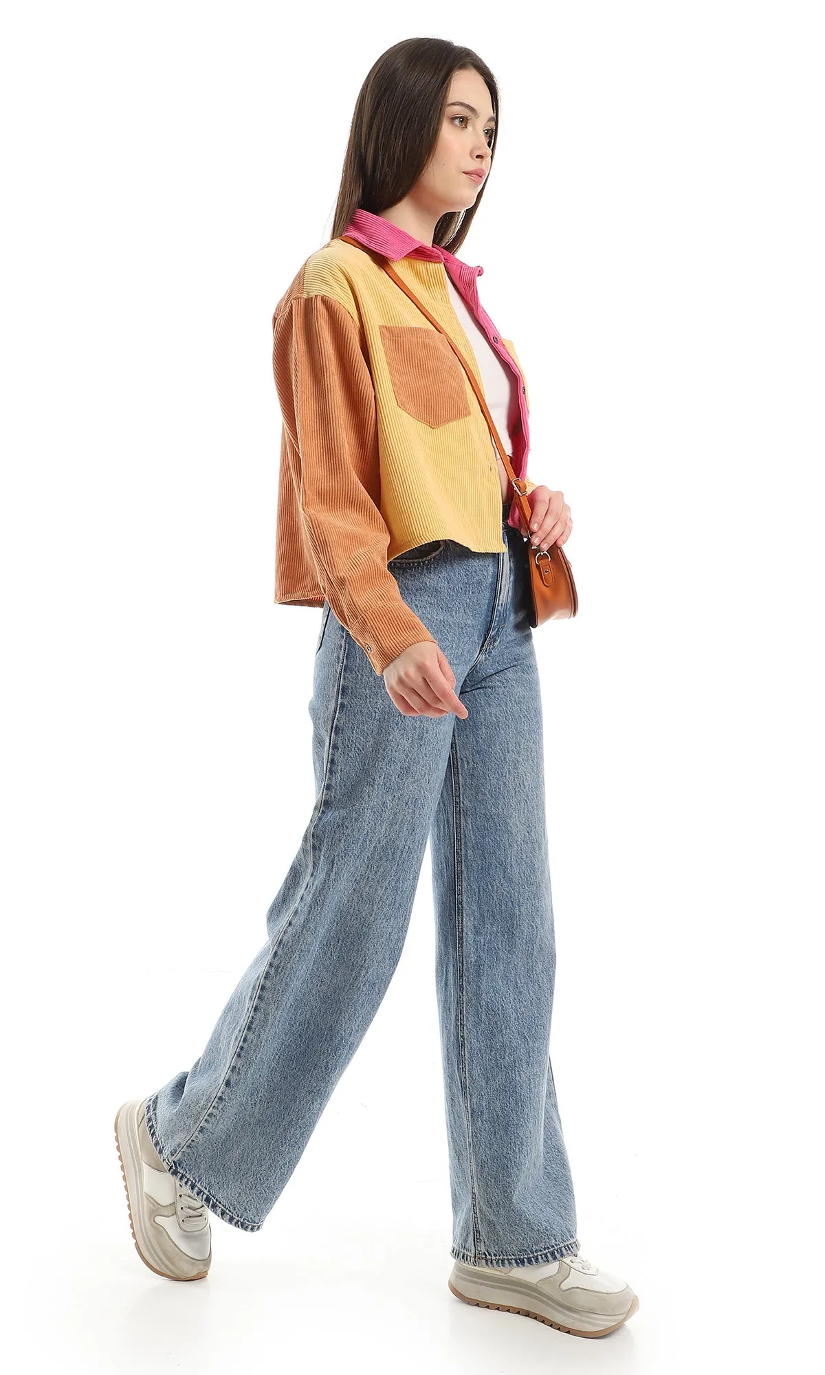 O161653 Ribbed Long Sleeves Cropped Bi-Tone Shirt - Fuchsia & Yellow