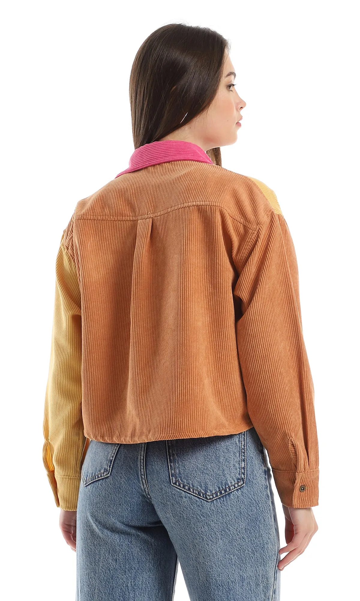 O161653 Ribbed Long Sleeves Cropped Bi-Tone Shirt - Fuchsia & Yellow