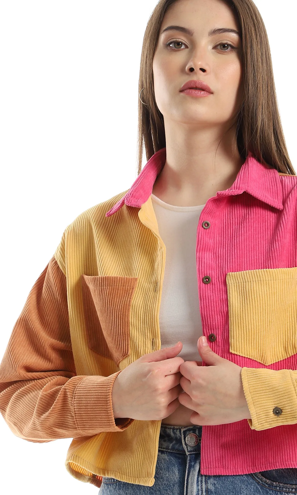 O161653 Ribbed Long Sleeves Cropped Bi-Tone Shirt - Fuchsia & Yellow