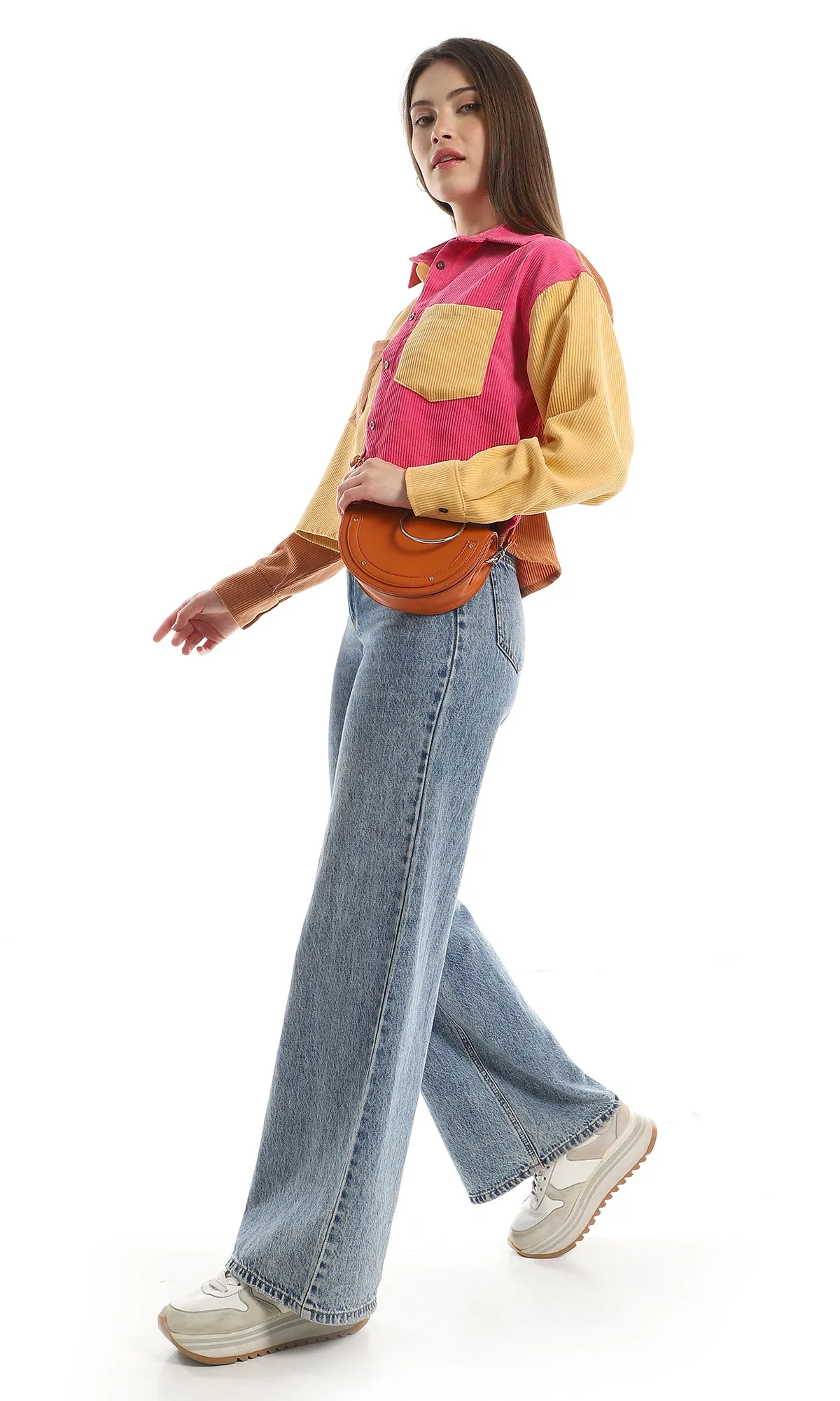 O161653 Ribbed Long Sleeves Cropped Bi-Tone Shirt - Fuchsia & Yellow