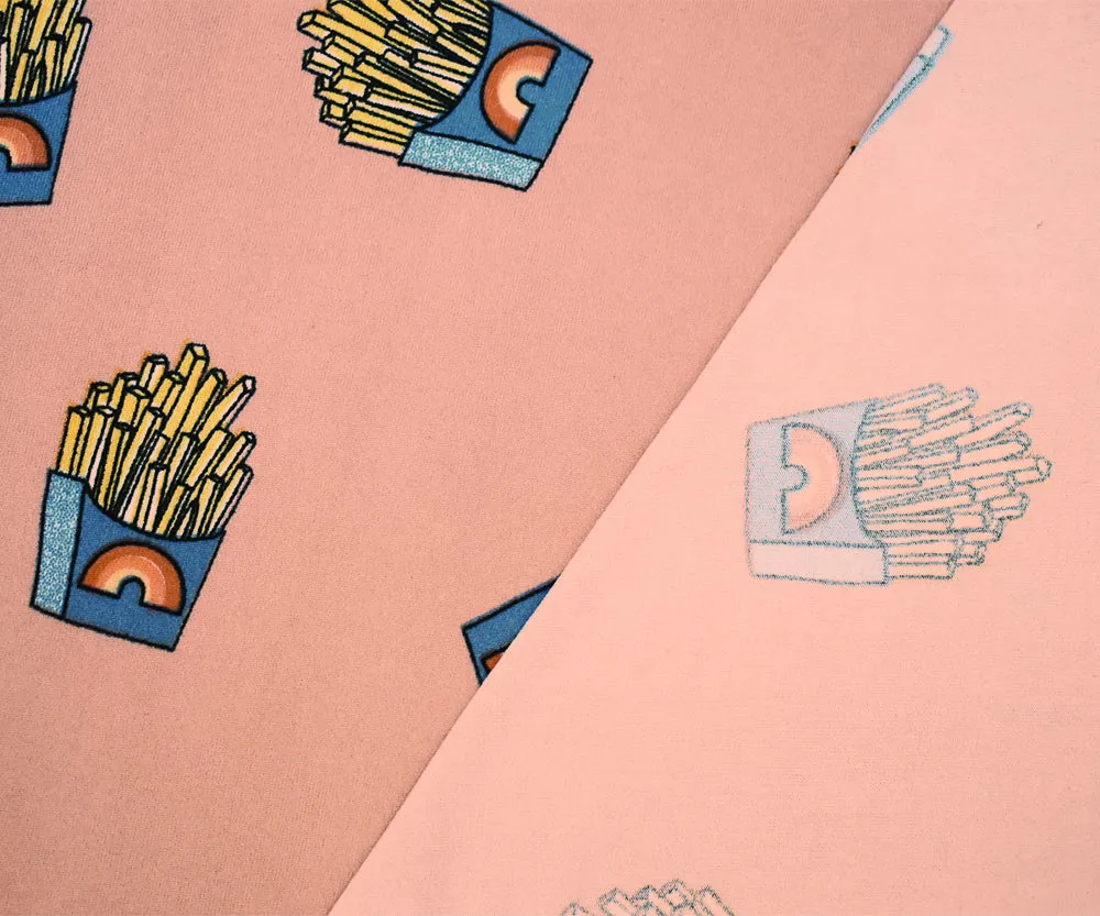 Pink-Multi French Fries Print Poly Spandex Double Brush ITY Knit Fabric
