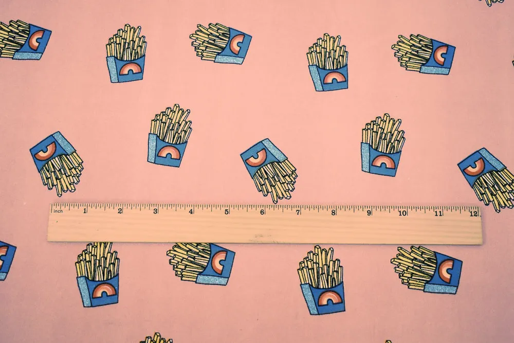 Pink-Multi French Fries Print Poly Spandex Double Brush ITY Knit Fabric