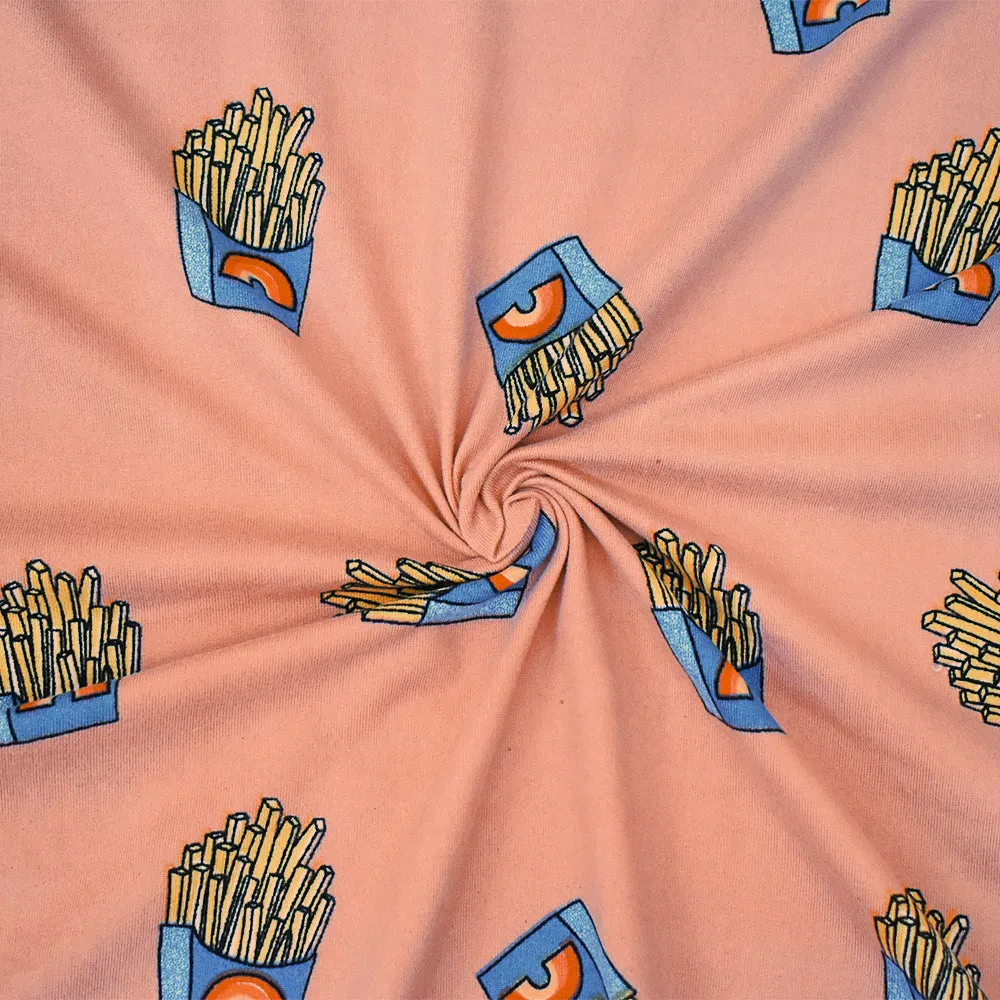 Pink-Multi French Fries Print Poly Spandex Double Brush ITY Knit Fabric