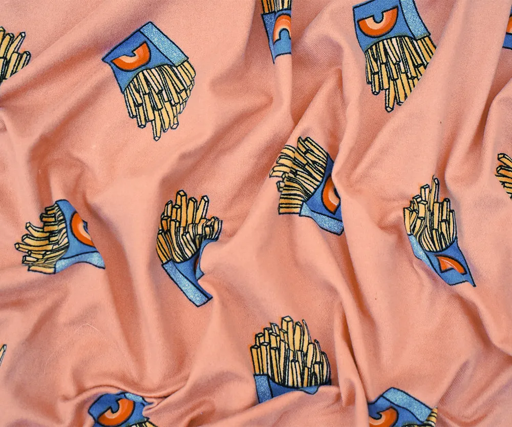 Pink-Multi French Fries Print Poly Spandex Double Brush ITY Knit Fabric
