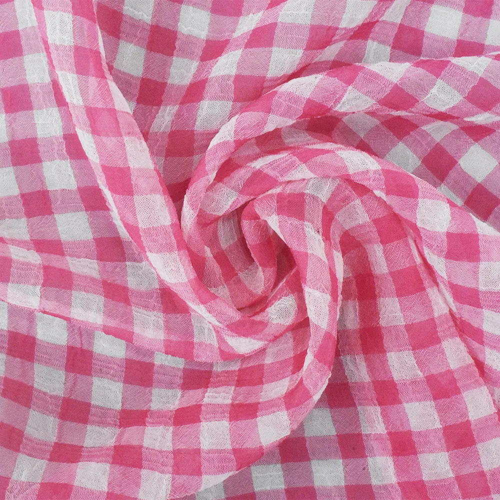 Pink-White Check Poly Crinkle Chiffon Woven Fabric