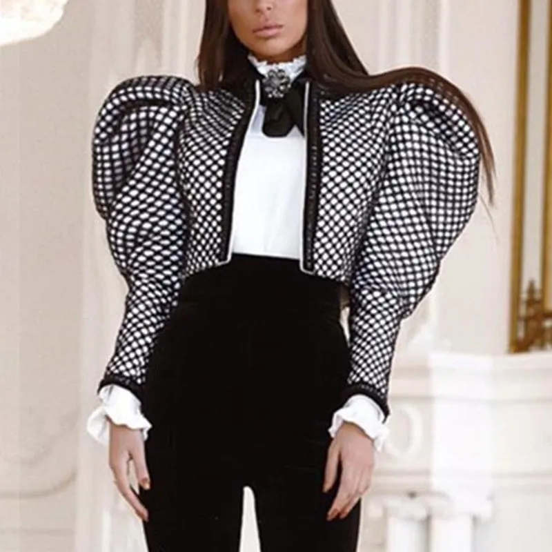 Plaid Butterfly Collar Puff Long Sleeve Short Jacket