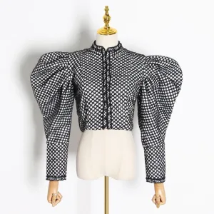 Plaid Butterfly Collar Puff Long Sleeve Short Jacket