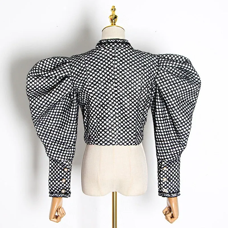 Plaid Butterfly Collar Puff Long Sleeve Short Jacket