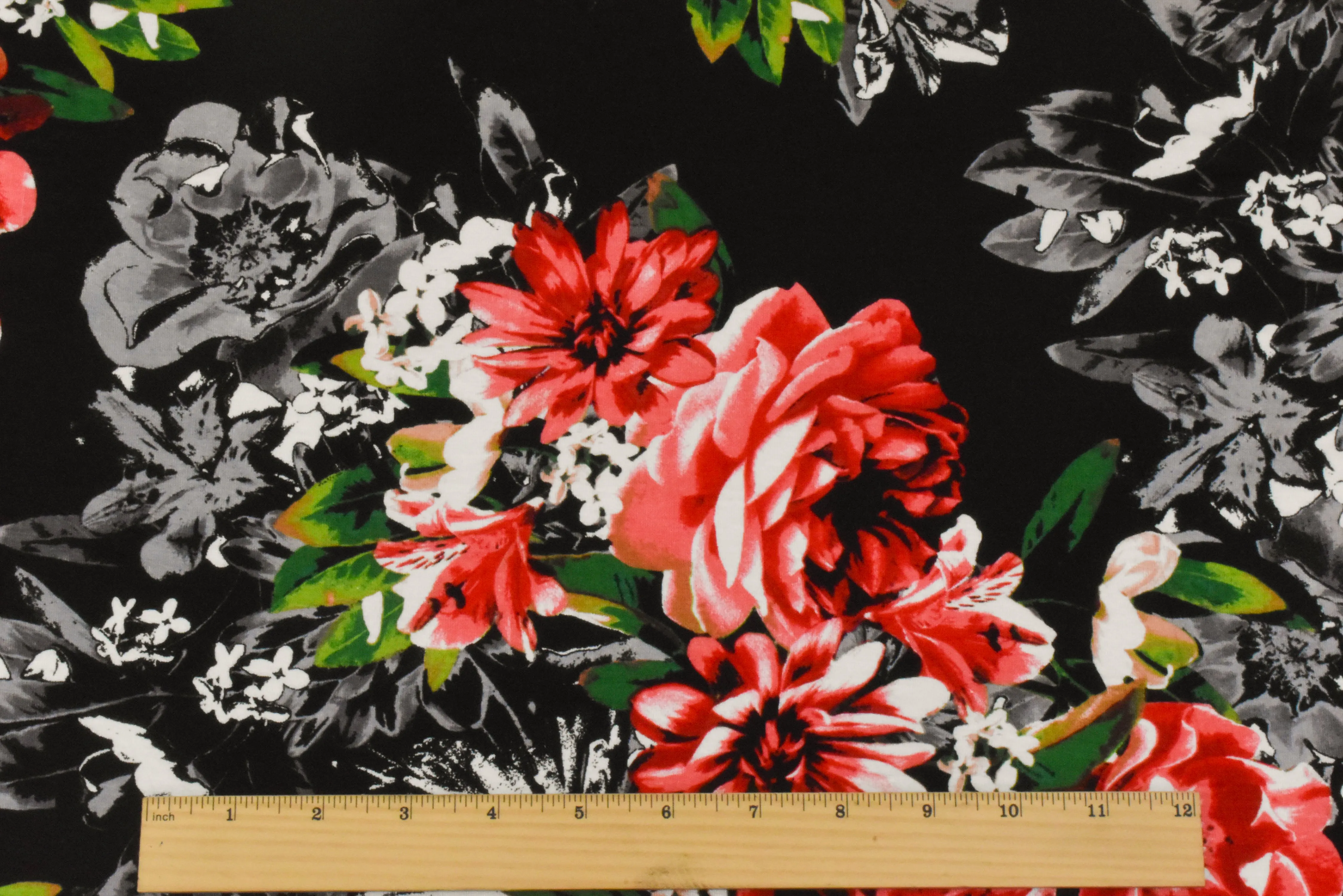 Pure Red-Black-Multi Floral Printed Stretch Rayon Jersey Knit Fabric