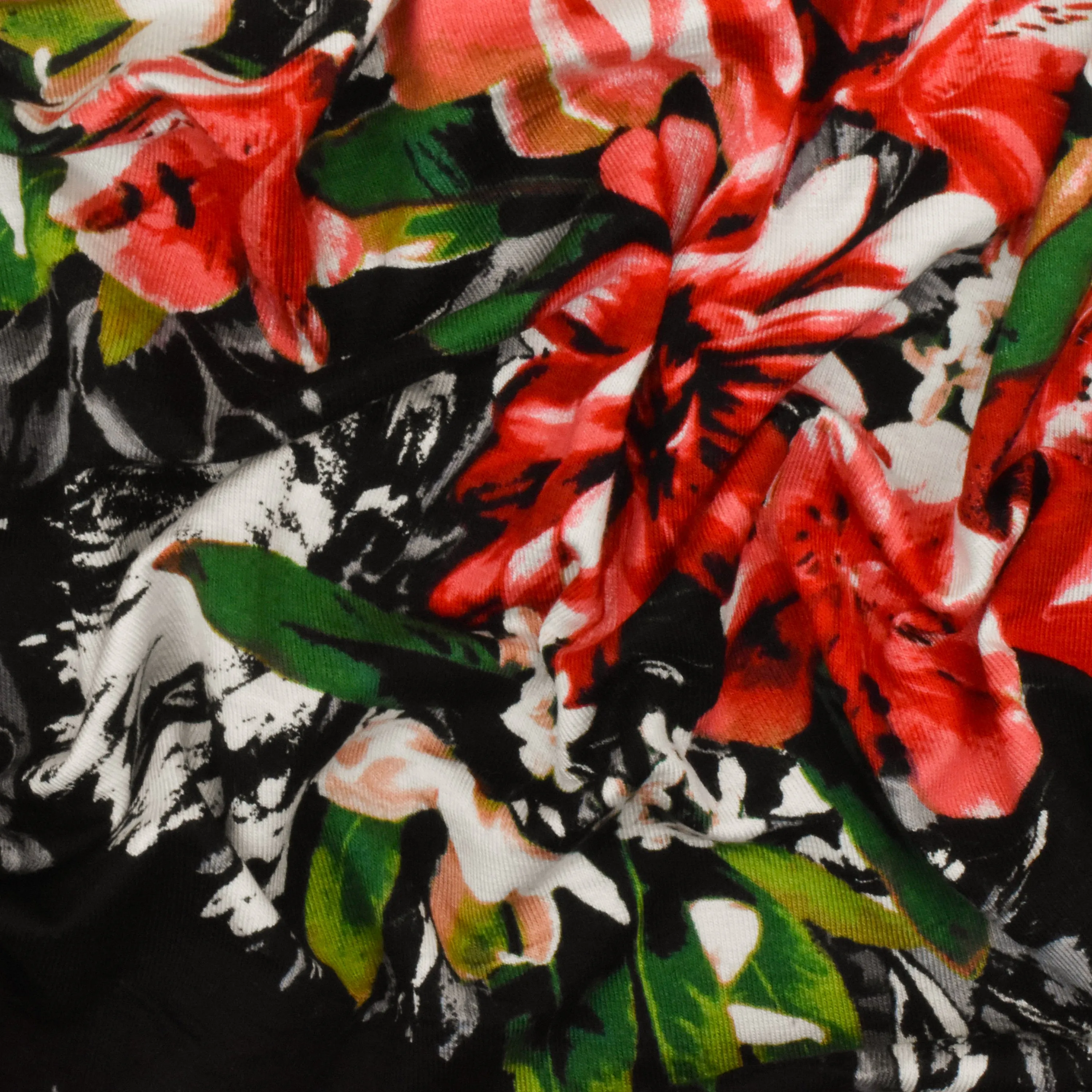 Pure Red-Black-Multi Floral Printed Stretch Rayon Jersey Knit Fabric