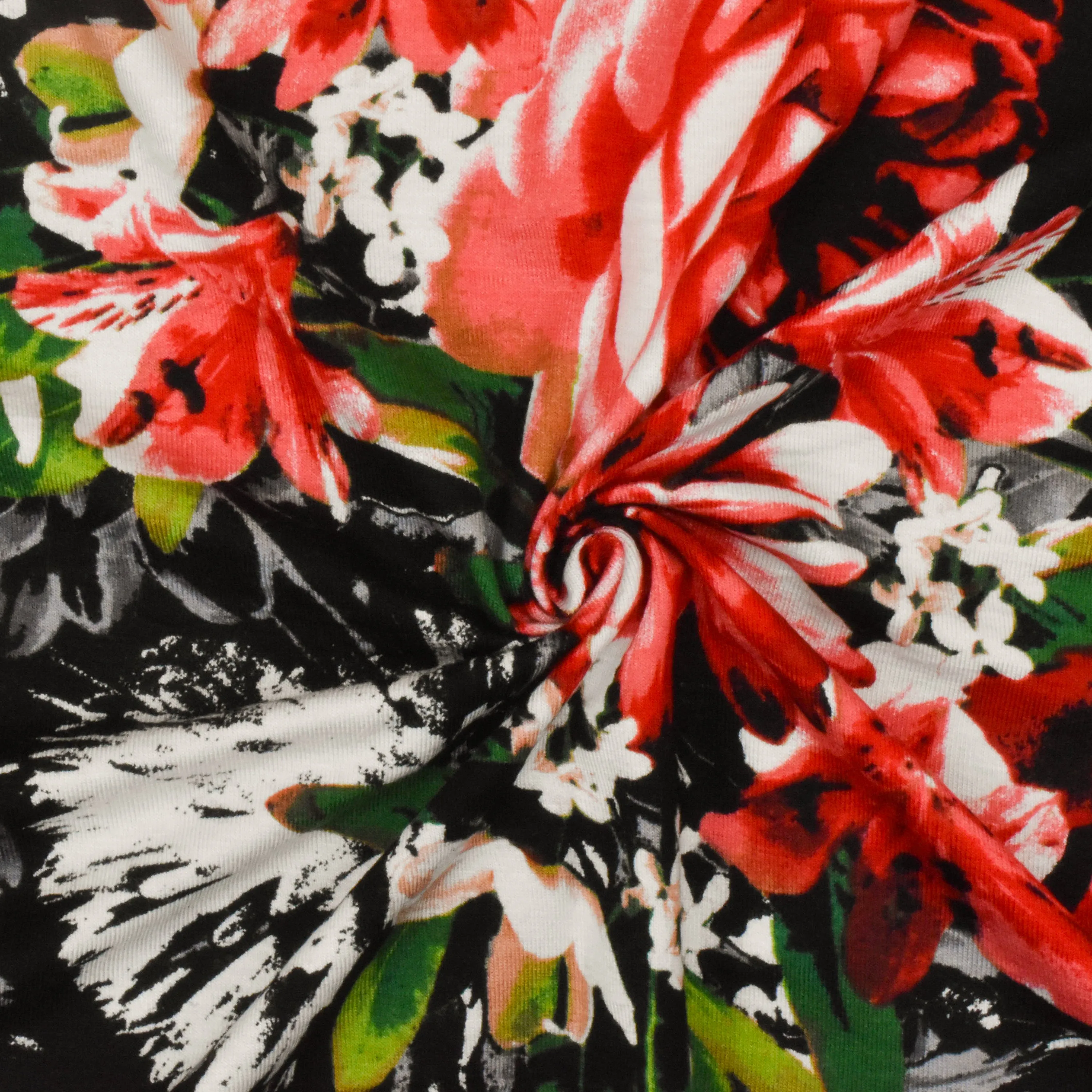 Pure Red-Black-Multi Floral Printed Stretch Rayon Jersey Knit Fabric