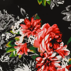 Pure Red-Black-Multi Floral Printed Stretch Rayon Jersey Knit Fabric