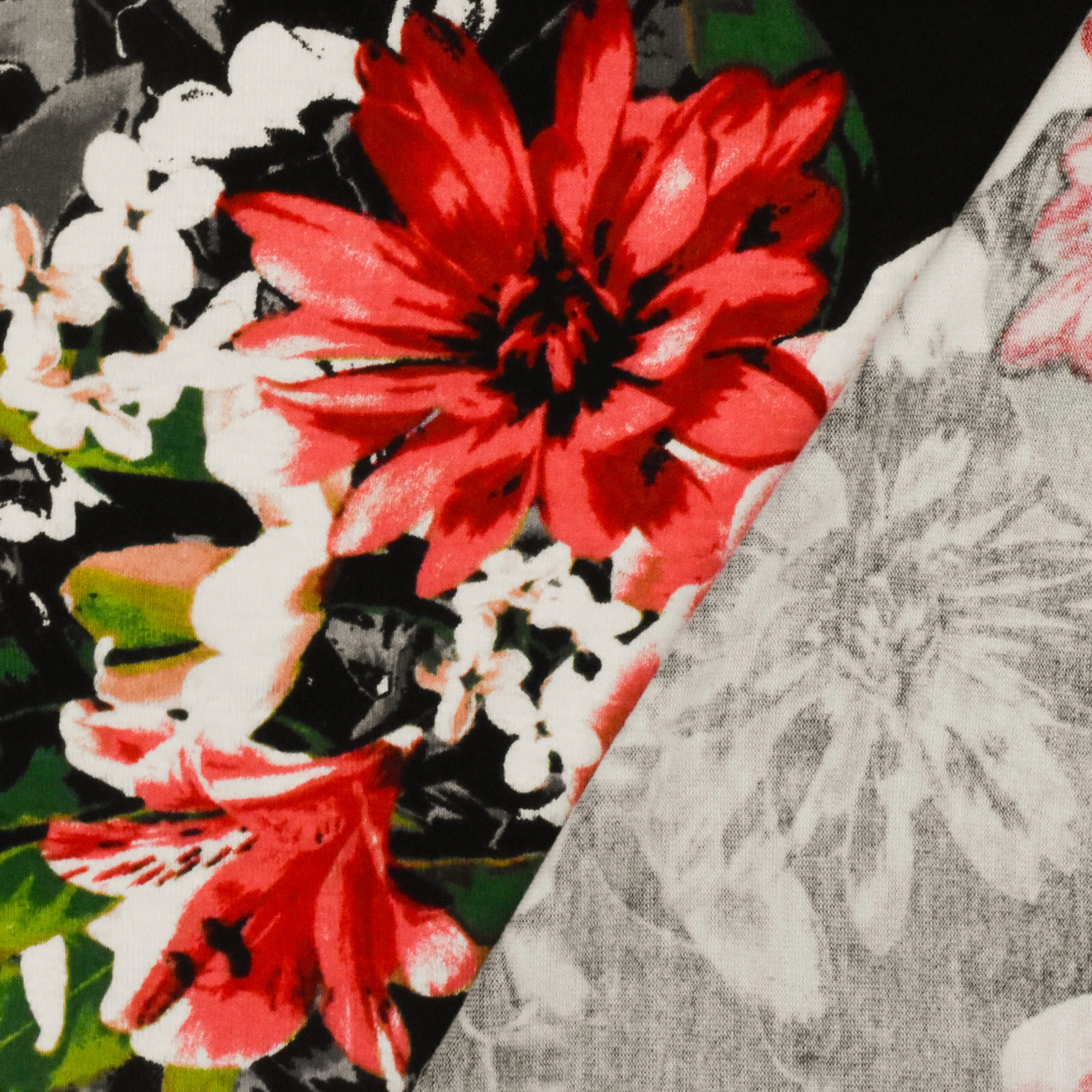 Pure Red-Black-Multi Floral Printed Stretch Rayon Jersey Knit Fabric